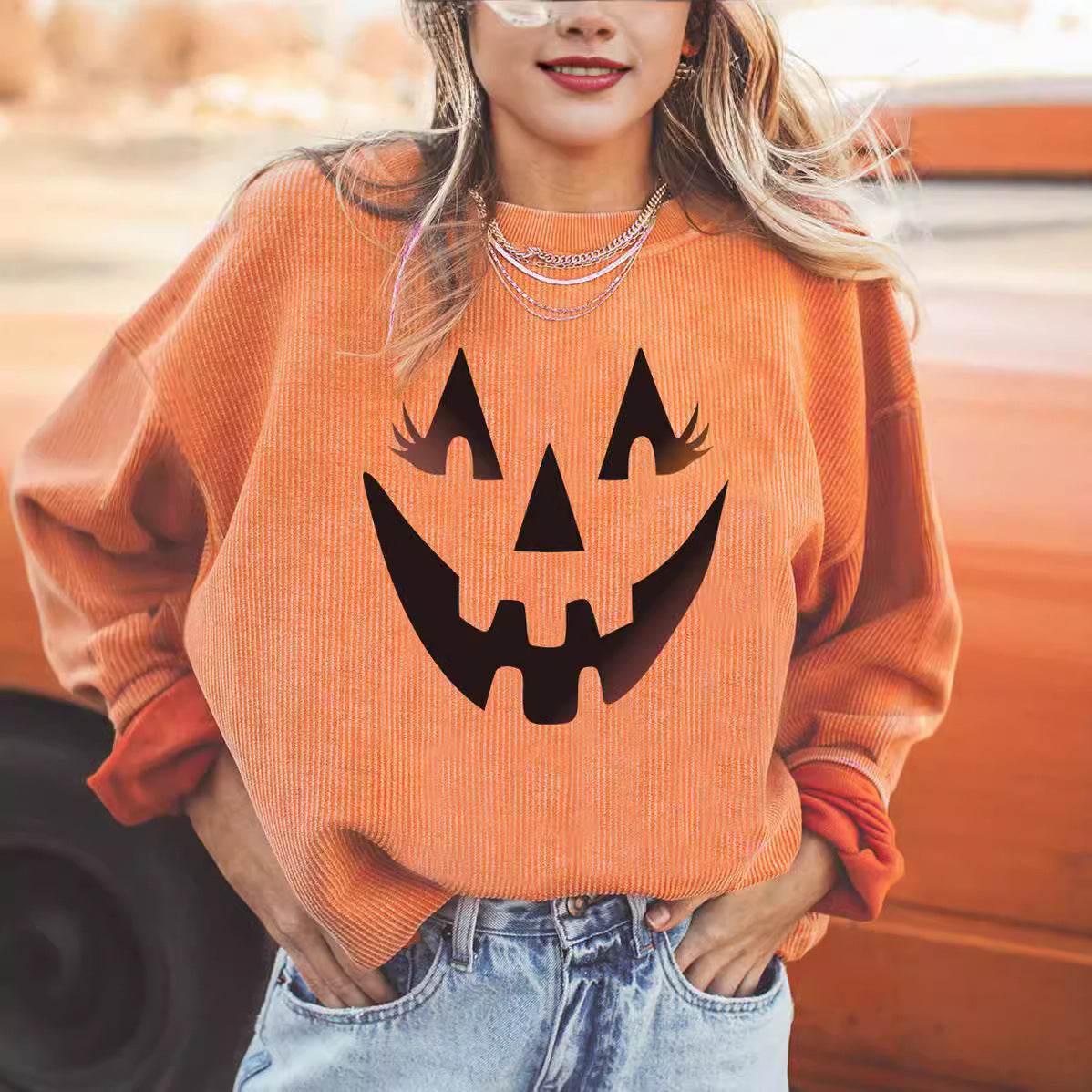 Halloween Pumpkin Head Sweater Women's Loose Round Neck Pullover