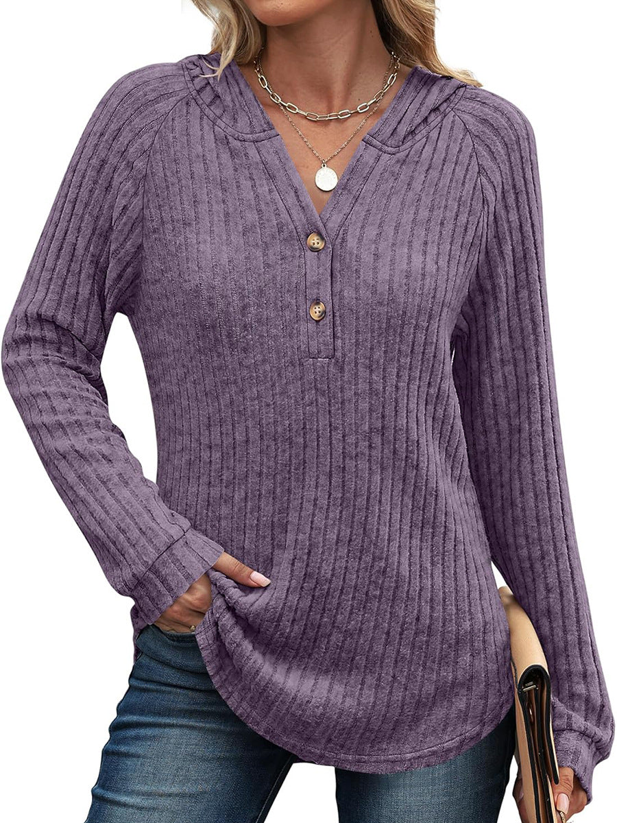 Solid Color And V-neck Button Loose Hooded Fleece Knitted Top