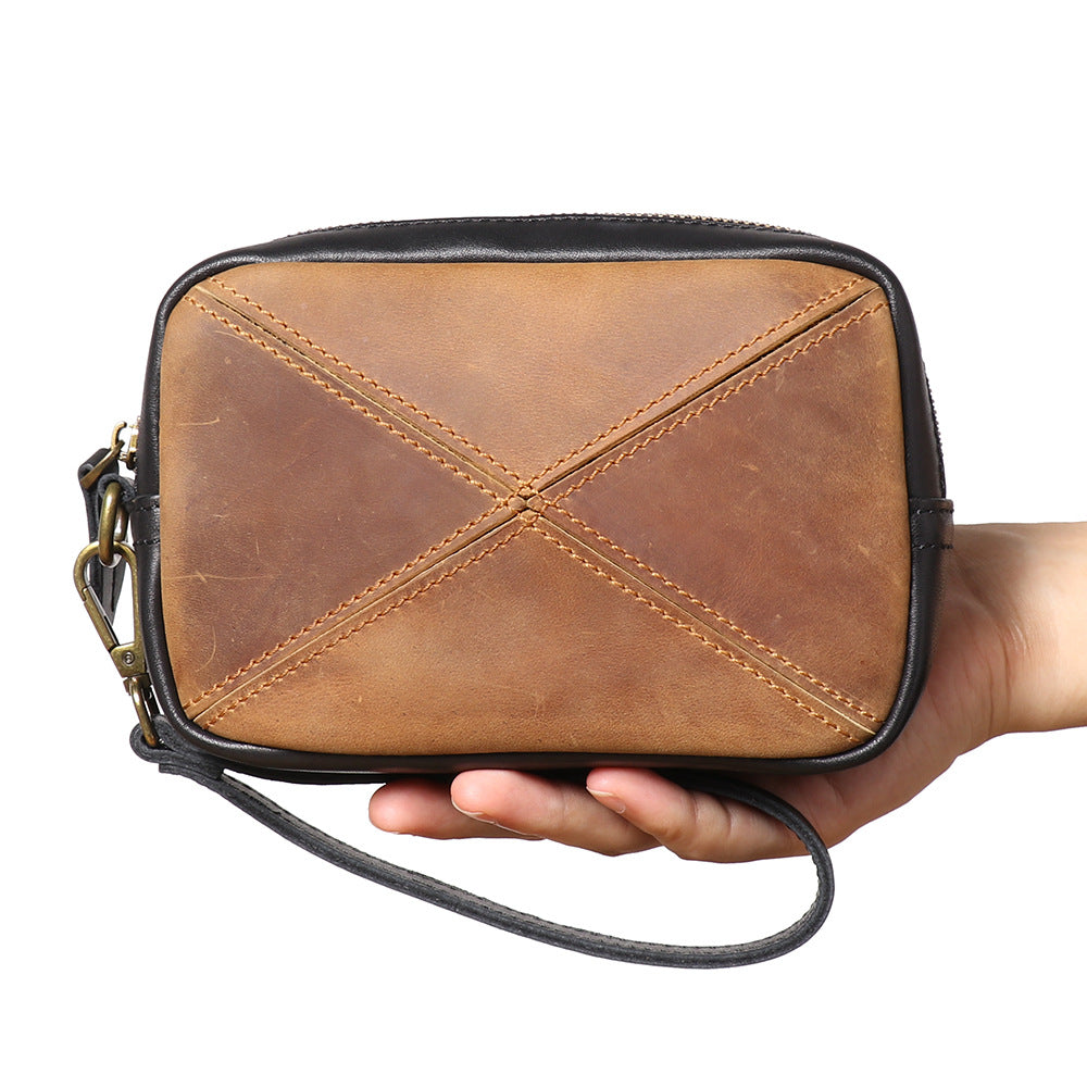 Unisex Retro Artistic Stitching Craft Personalized Leather Messenger All-match Mobile Multi-layer Zipper Square Bag