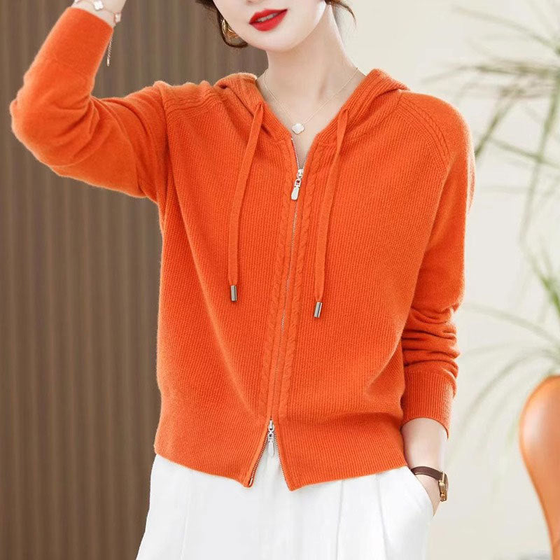 Lapel Knitted Cardigan Coat Ladies Hooded Loose Sweater