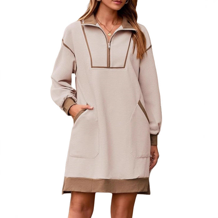 Sports Style Half Zip V Neck Long Sleeve Color Block Loose Dress