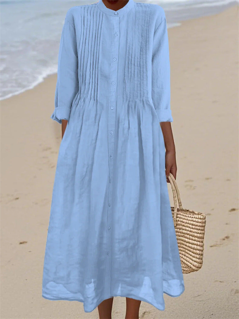 Long-sleeve Cotton-linen Womens Dress With A Shirt Collar