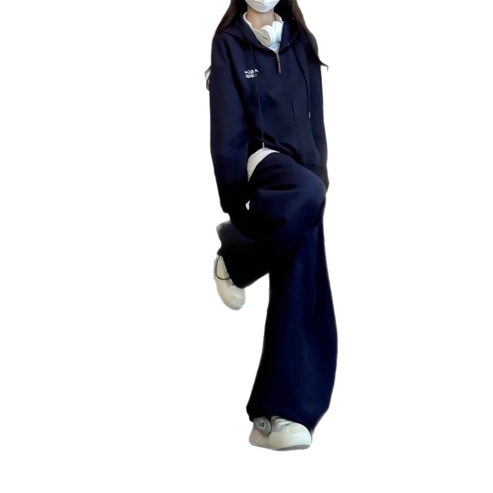 Women's Navy Blue Casual Hooded Zip-up Sweatshirt For Autumn And Winter