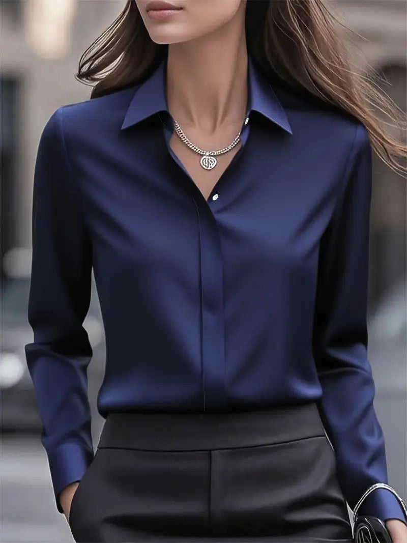 Solid Color Long Sleeve Lapel Satin Blouse