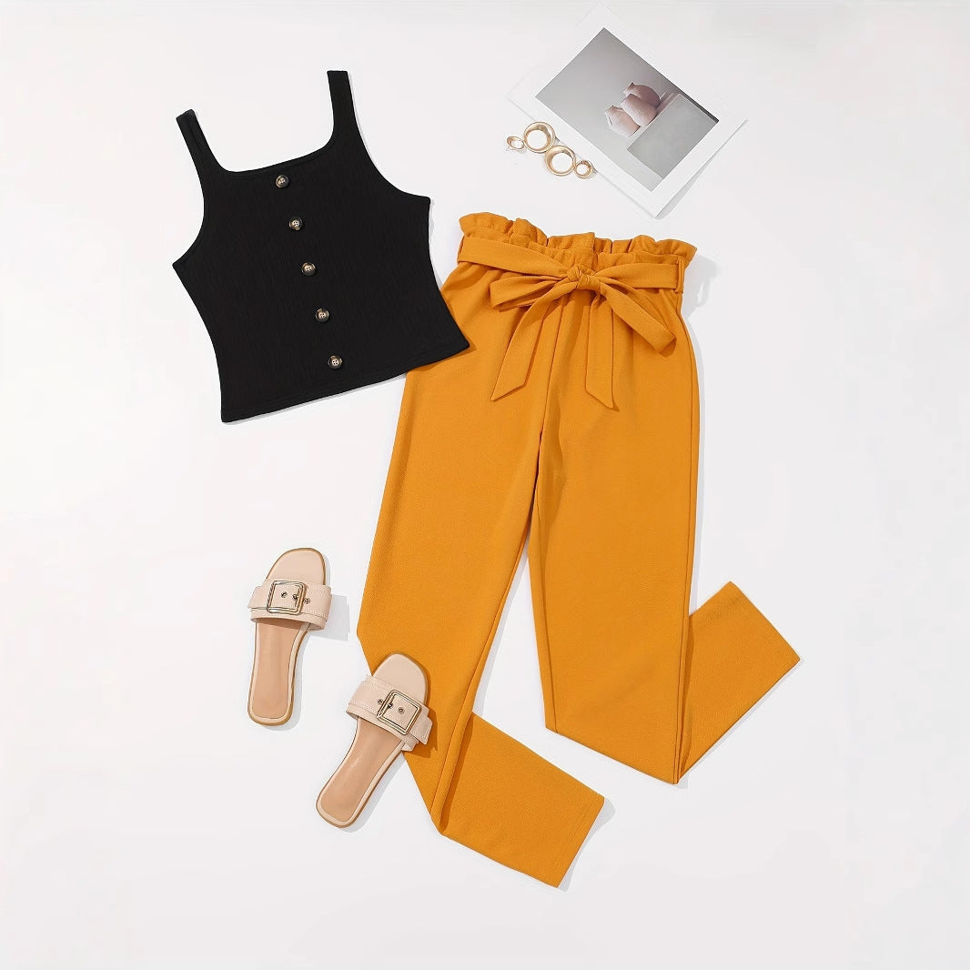 Sleeveless Ribbed Vest With Button Detailing And Ruffled Hem
