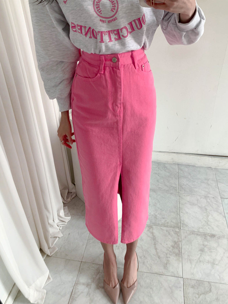 Niche Retro High Waist Slimming Design Slit Slim-fitting Sheath Denim Skirt