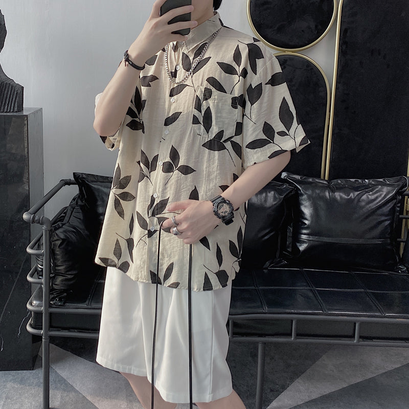 Summer Simple And Loose Full Printed Leaves Short Sleeves