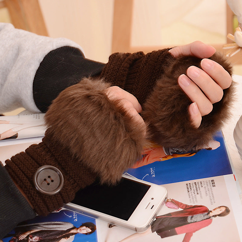 Women's Warm Solid Color Button Half-finger Gloves