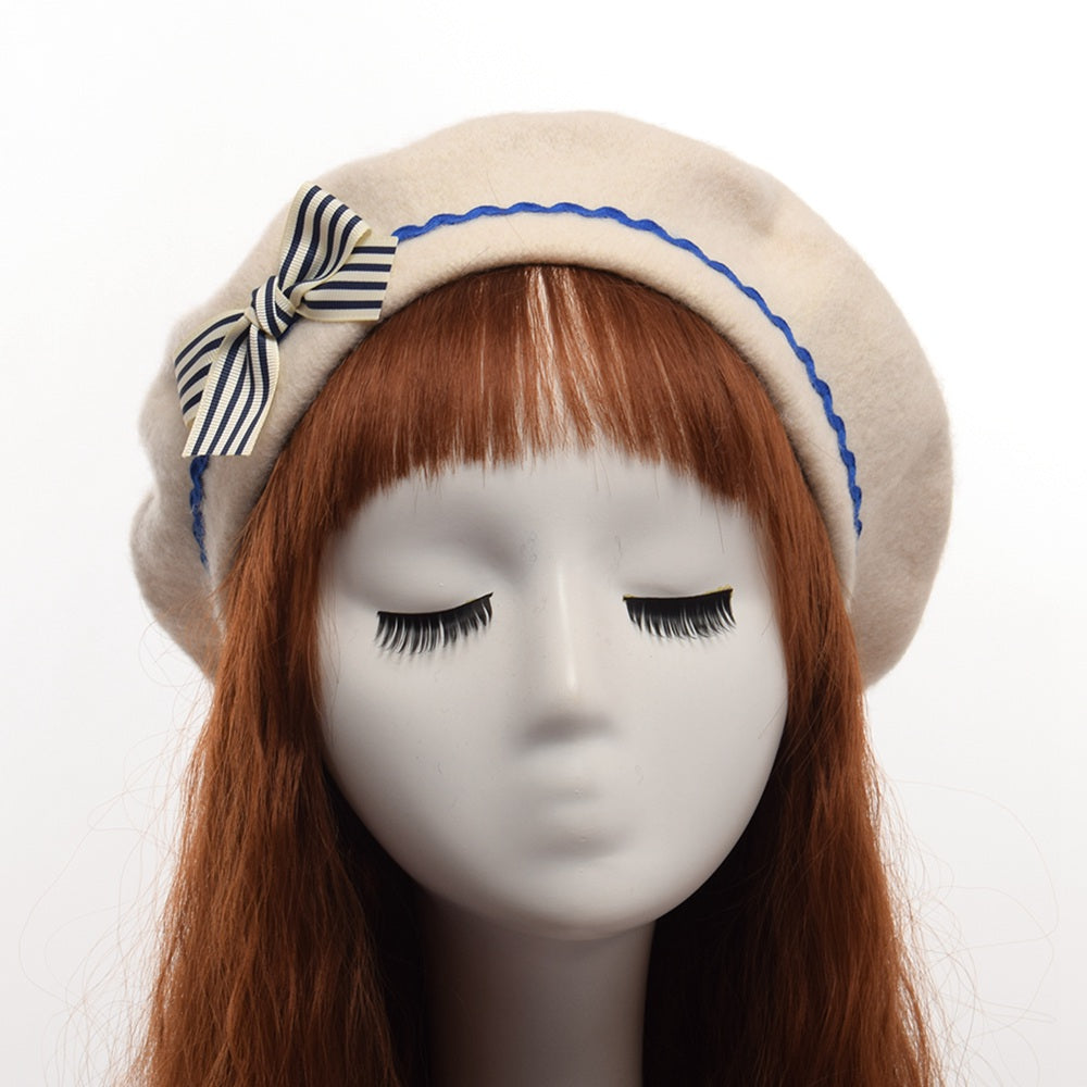 Fashion Japanese JK Lolita Wavy Bow Furball Beret