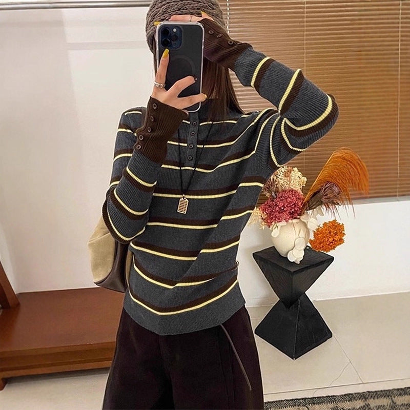 Striped Color-blocking Korean-style Long-sleeve High-end Women's Top