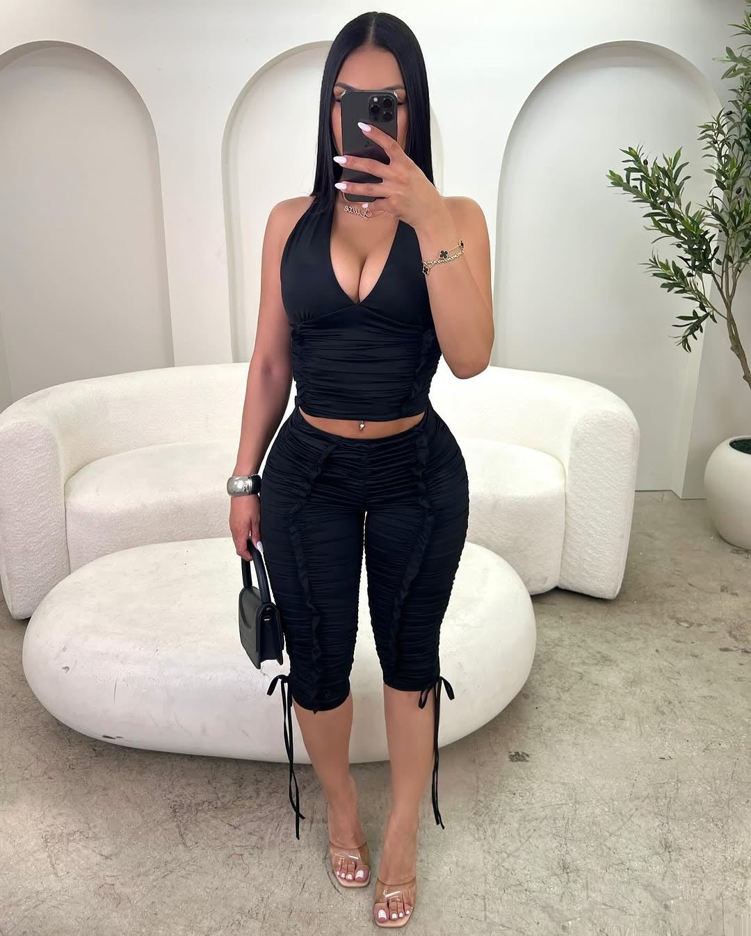 Womens Backless Tank Top And Cropped Pants Set