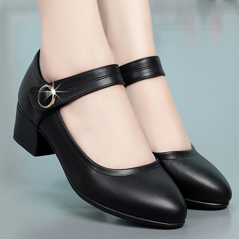Shallow Mouth Flat Buckle Thick Heel Single Shoes Round Toe