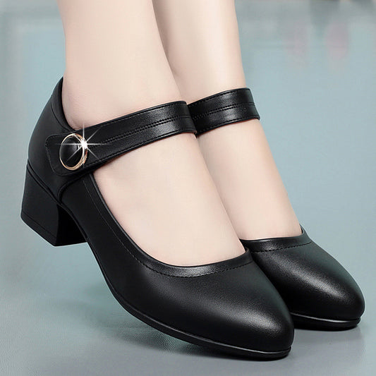 Shallow Mouth Flat Buckle Thick Heel Single Shoes Round Toe