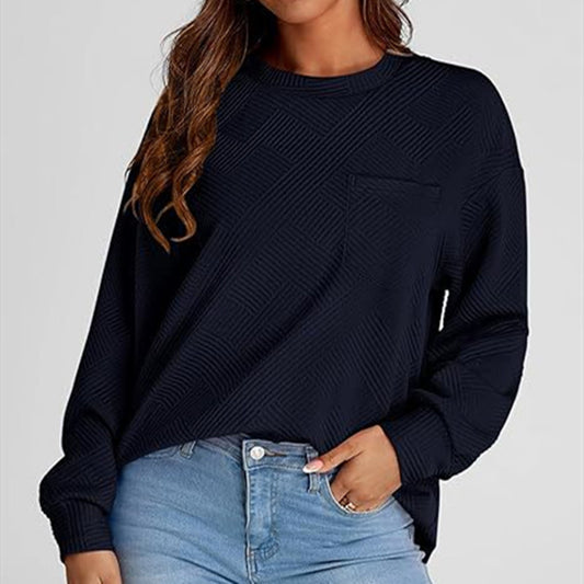 Dame Langærmet Rundhalset Sweater med Sænket Skuldertekstur