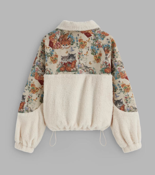 Women's Turn-down Collar Floral Cat Tie Hoodie