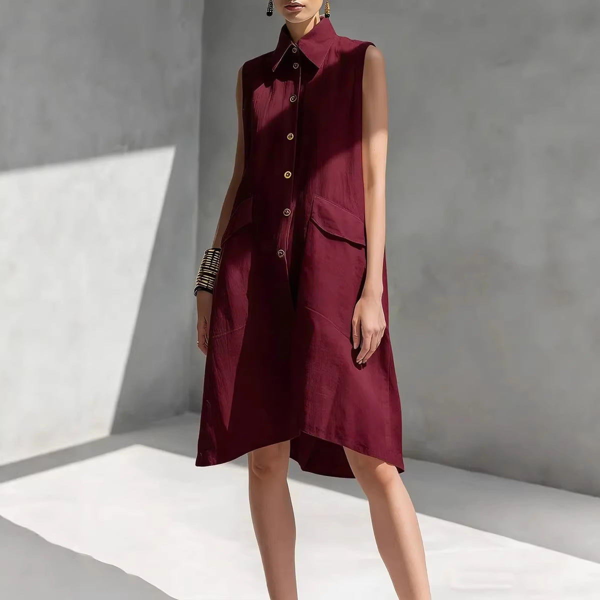 Women's Lapel-collar Sleeveless Casual Loose Cotton-linen Dress