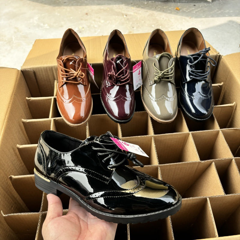Women's Simple British Style Drawstring Patchwork Glossy Leather Shoes