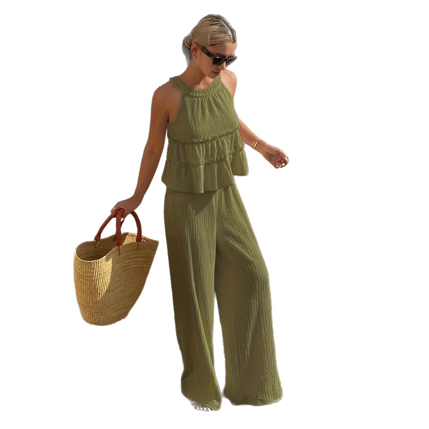 New Ruffled-shoulder Off-the-shoulder Halter-neck Sleeveless Fashion Wide-leg Pants Set
