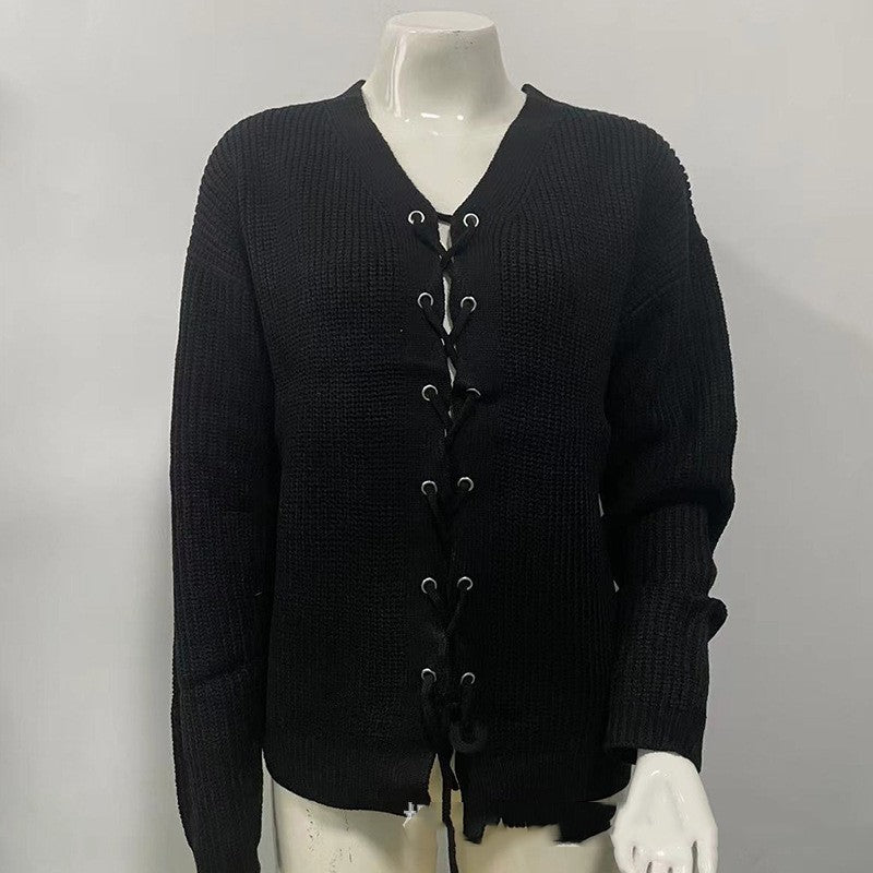 Solid Color And V-neck Hollow Out Tied Knitted Sweater