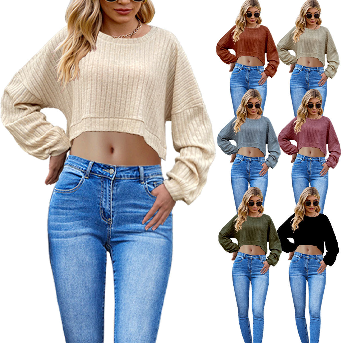 European And American Brushed Sunken Stripe Knitted Midriff-baring Long Sleeve Short T Women's Top