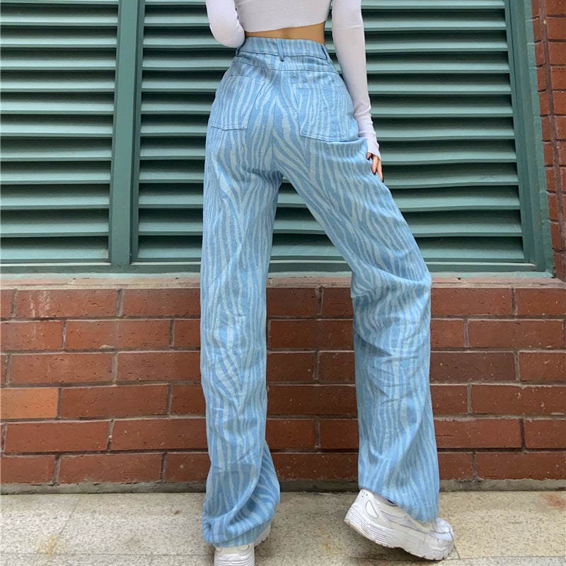 Retro Distressed Tie-dye Dark Blue Jeans High Waist Slim Slimming