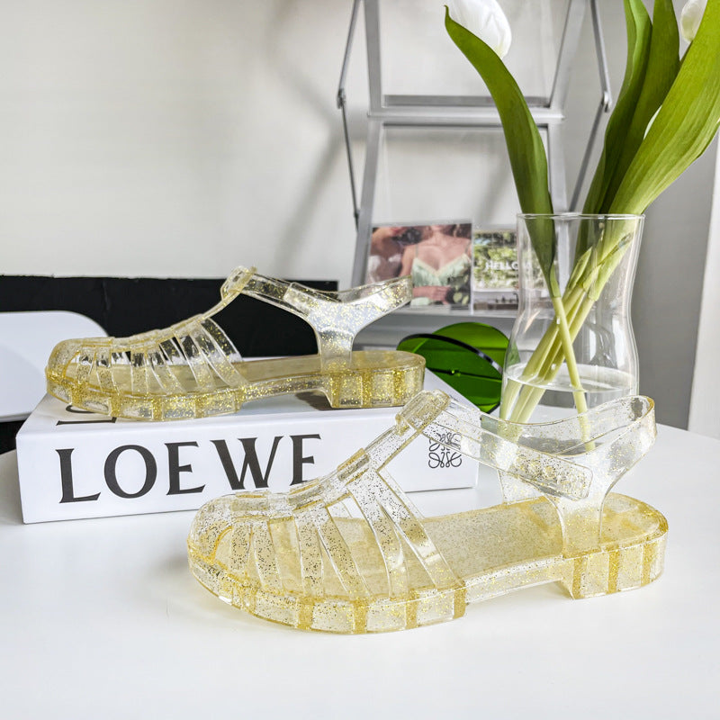 Women's Fashion Retro Flat Heel Transparent Plastic Jelly Shoes