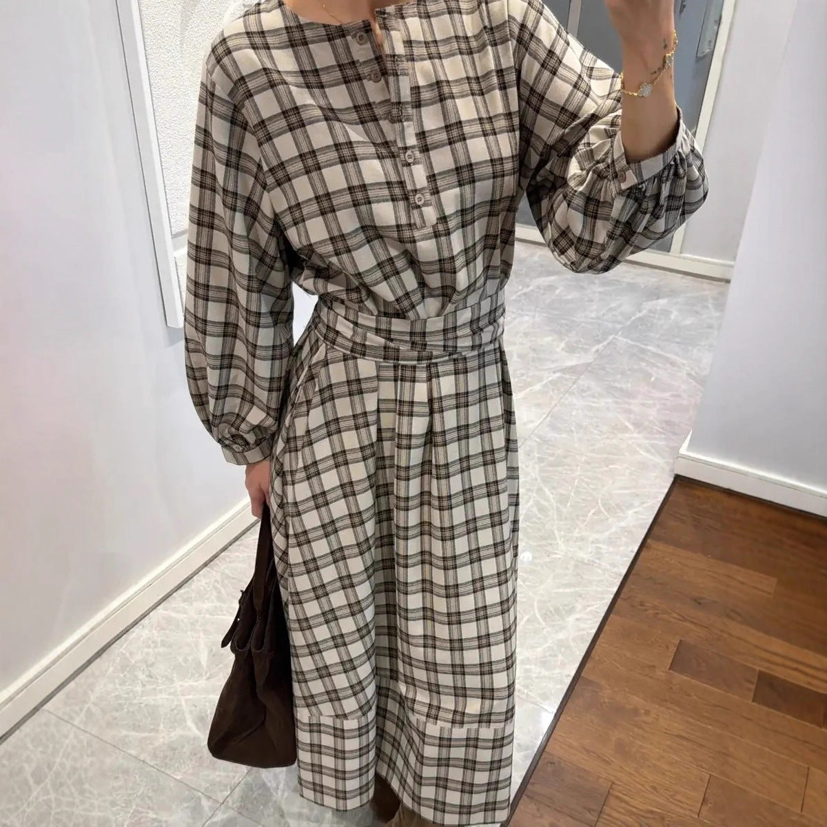 Plaid Digital Print Long-Sleeve Crew-Neck Dress