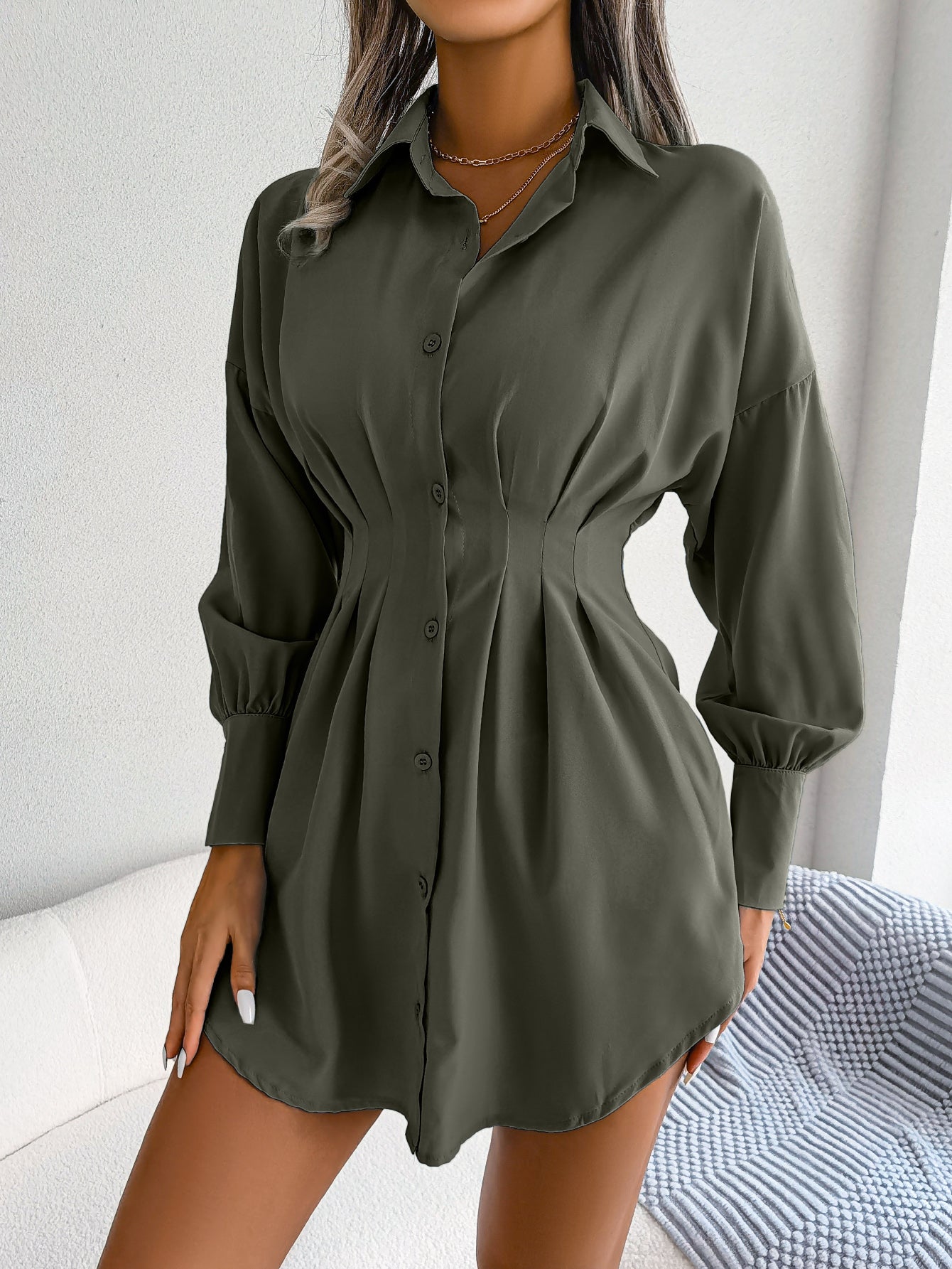 Women  Casual Lantern Sleeve Tie Waist Asymmetric Shirt Dress