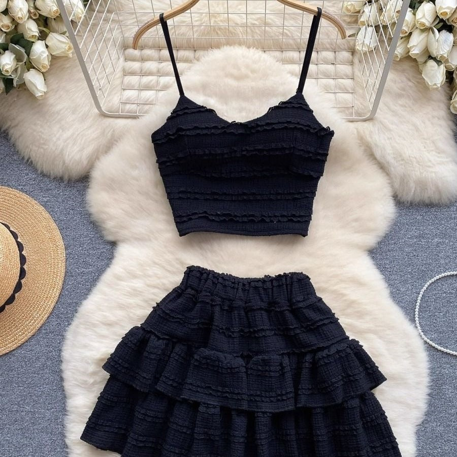 Lace Camisole And Ruffled Short Skirt Set