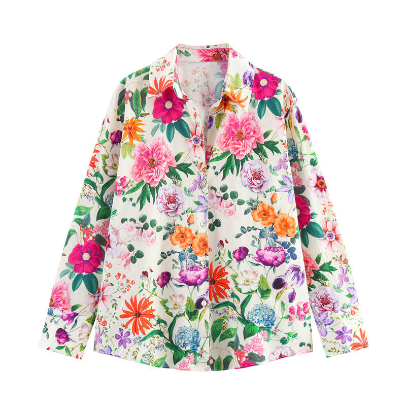 Women's All-match Floral Printing Lapel Single-breasted Long Sleeve Shirt