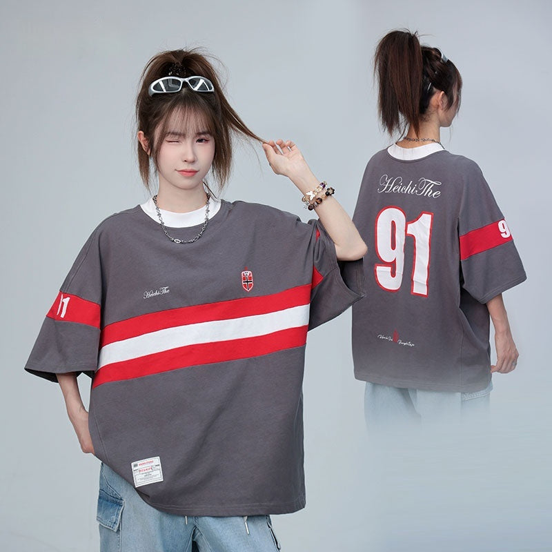 American Letter Stripes Men's And Women's Short Sleeve