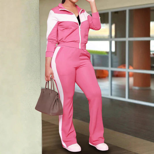 Fashionable And Comfortable Color-block Sporty Zip-up Jacket And Casual Pants Two-piece Set