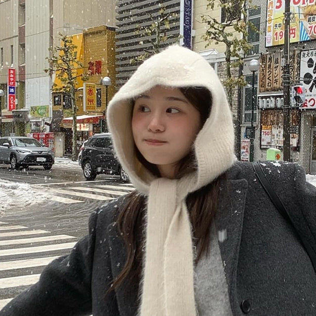 Korean Style White Plush Scarf Hat