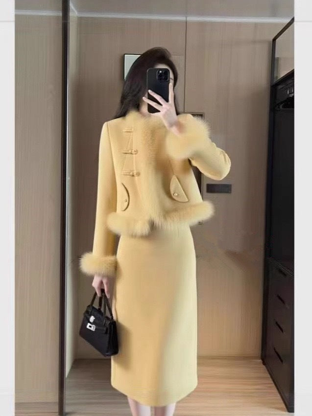 Yellow Wool Coat And Skirt Set Extra Thick