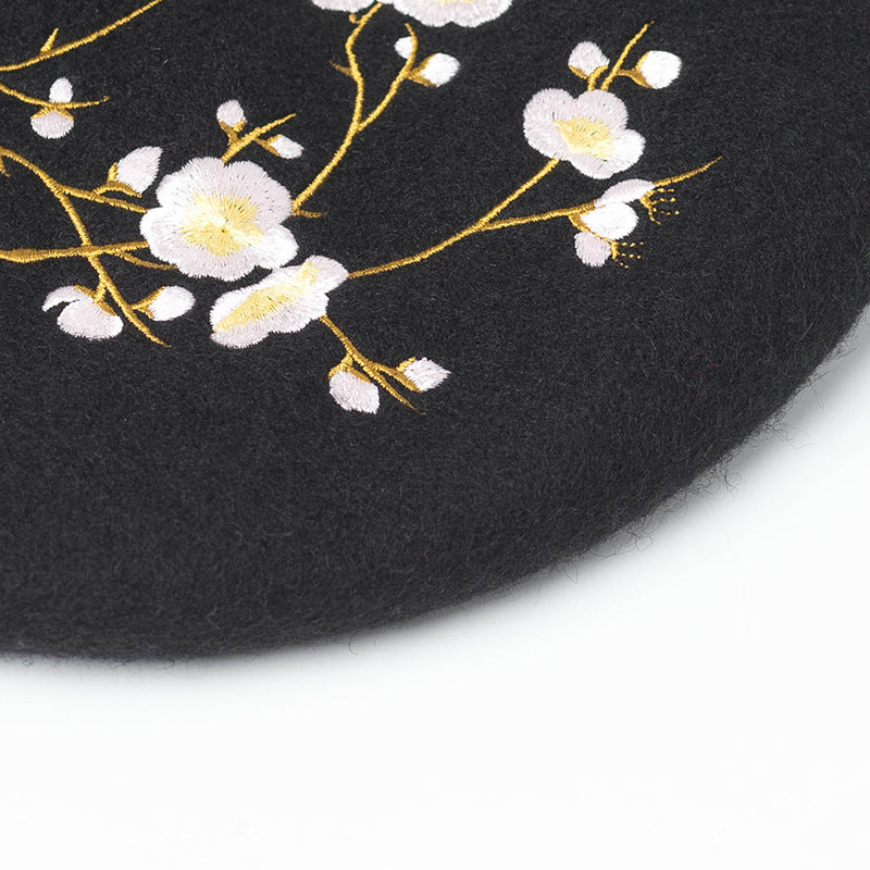 Plum Embroidery Wool Beret Painter