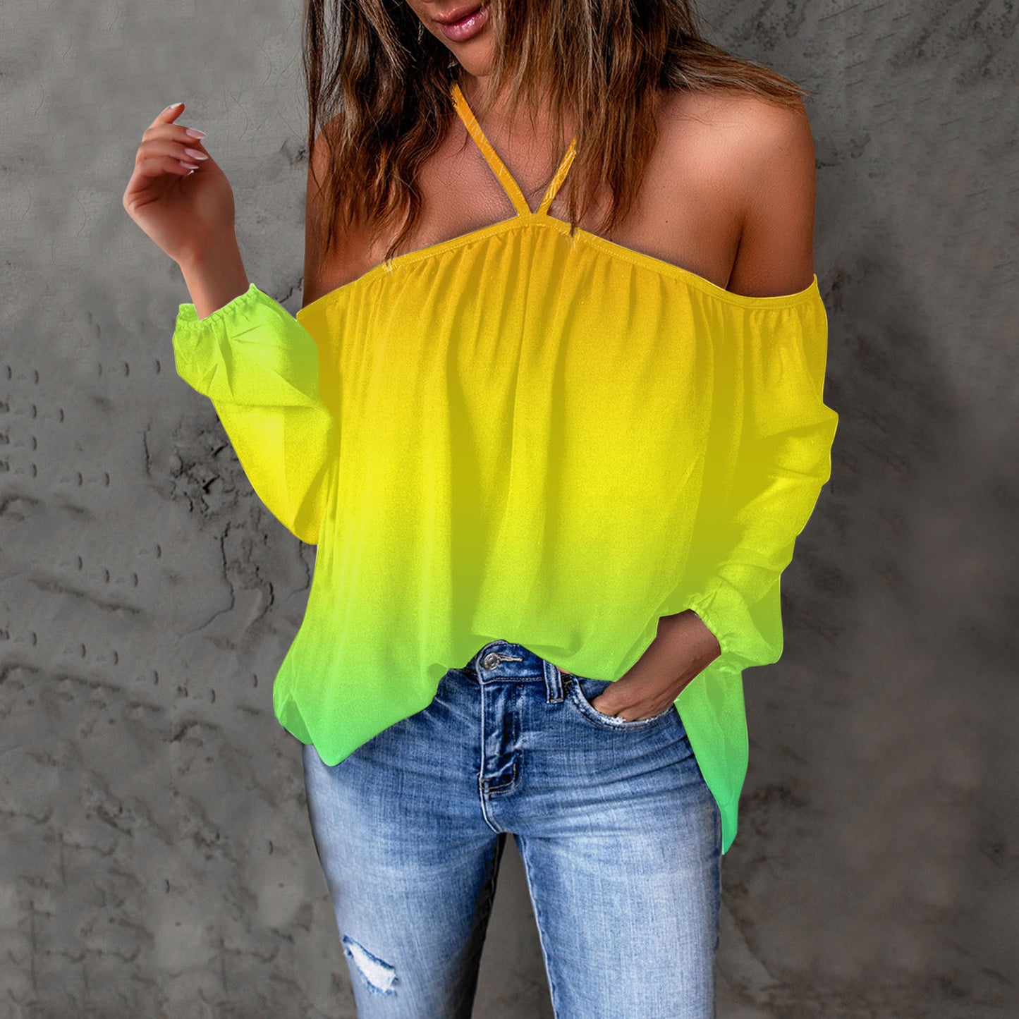 Long-Sleeve Top Arrival Loose T-Shirt With A Strappy Neck Design And Print Pattern