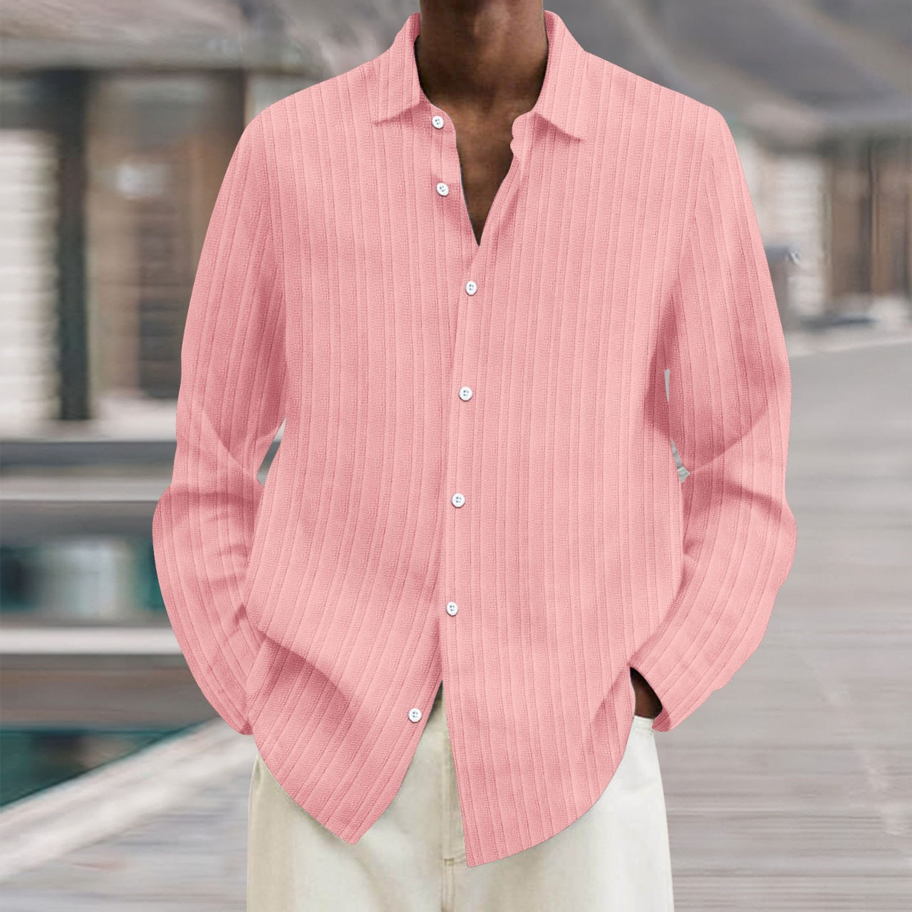 Business Pure Color All-matching Shirt Men's Striped Cardigan Long Sleeve
