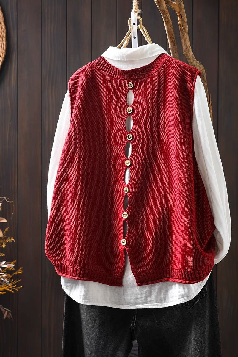 Back Buttoned Cotton Thread Knitted Vest Women