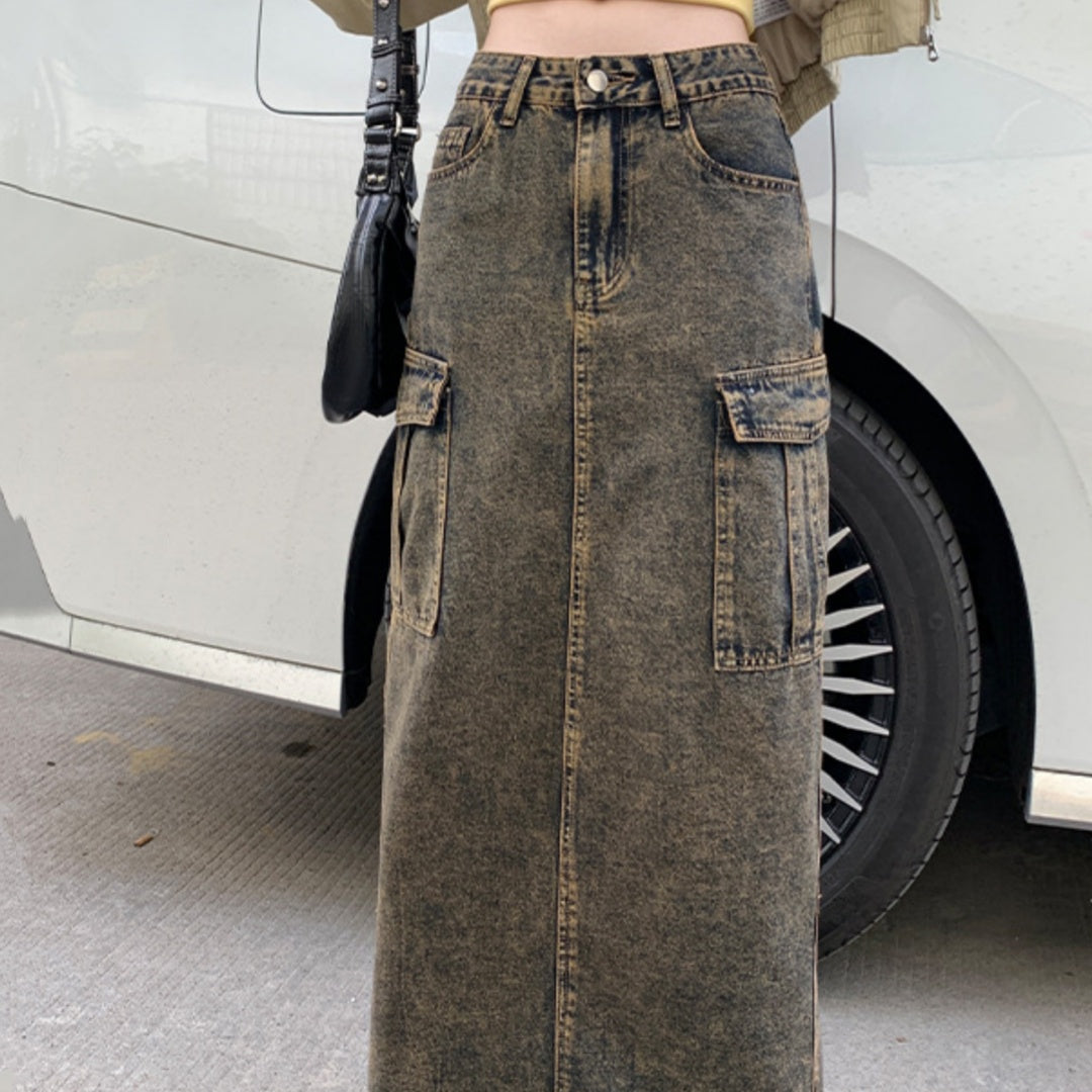 Large Pocket Design High Waist Mid-length Hip Skirt Heavy Industry Cement Yellow Do The Old Cowboy Skirt