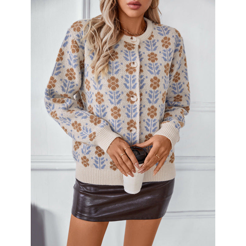 Lady's Flower Jacquard Sweater Cardigan Coat