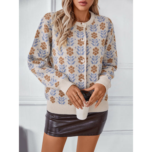 Lady's Flower Jacquard Sweater Cardigan Coat