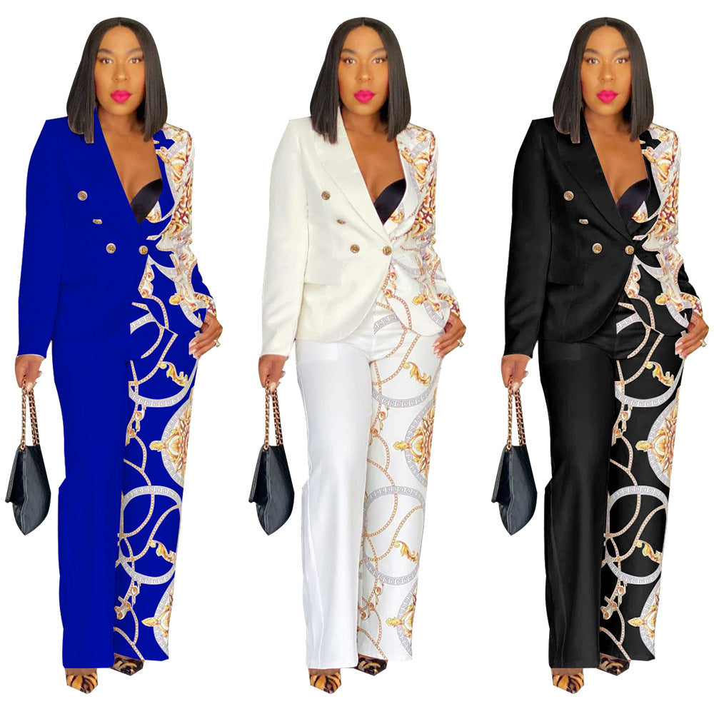 Chic Two-piece Suit Featuring A Peter Pan Collar Long Sleeves And A Printed Design