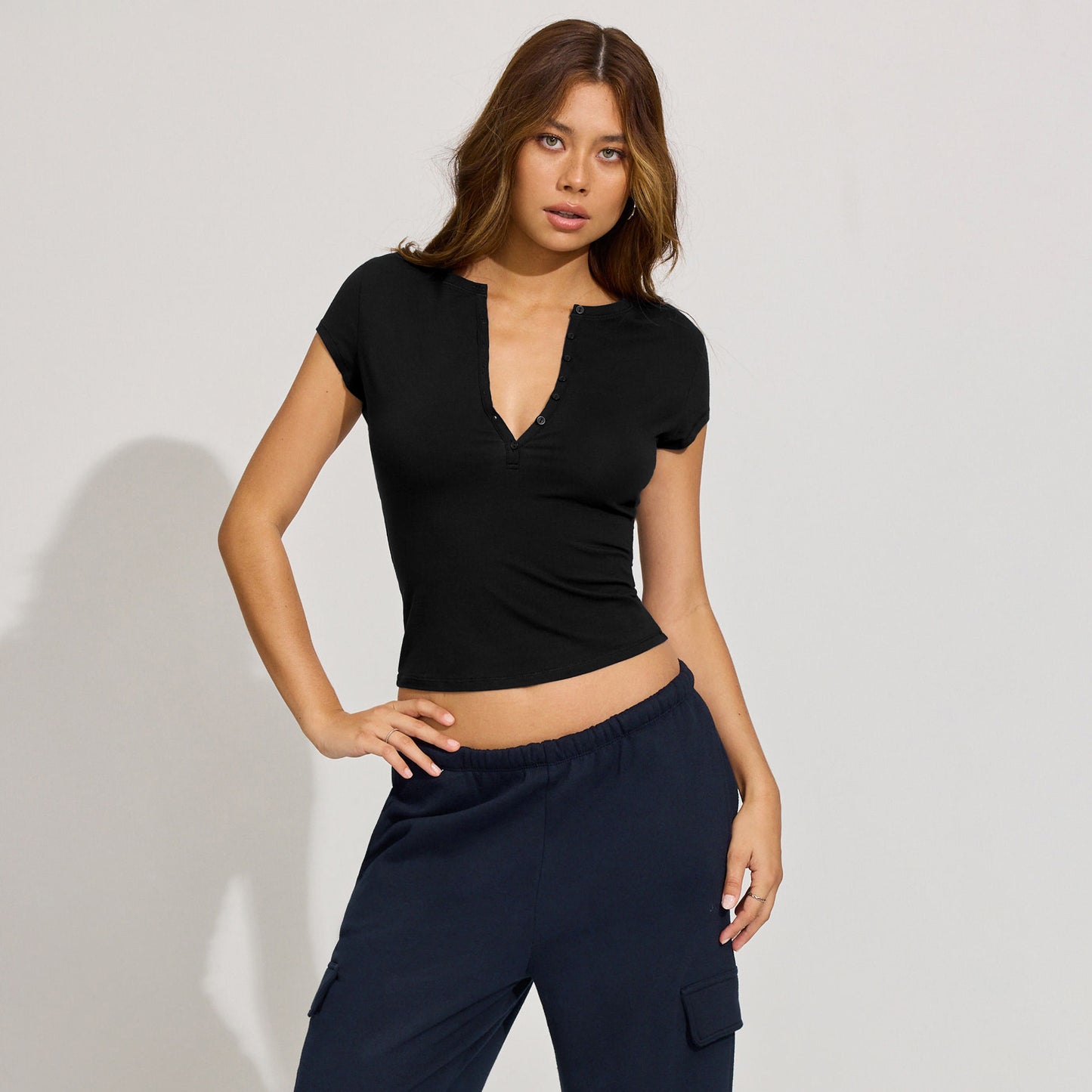 Solid Color Slim-fit Deep V Button Versatile Top