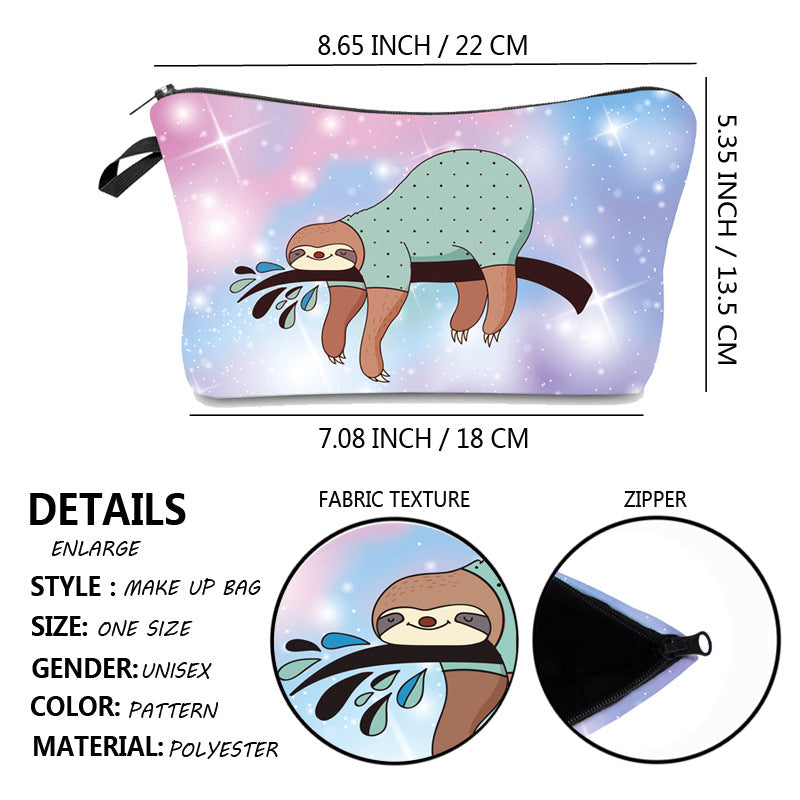 Digital Printing Waterproof Cosmetic Bag Glitter Sloth Pattern Clutch Bag Ladies Multifunctional Travel Storage Bag