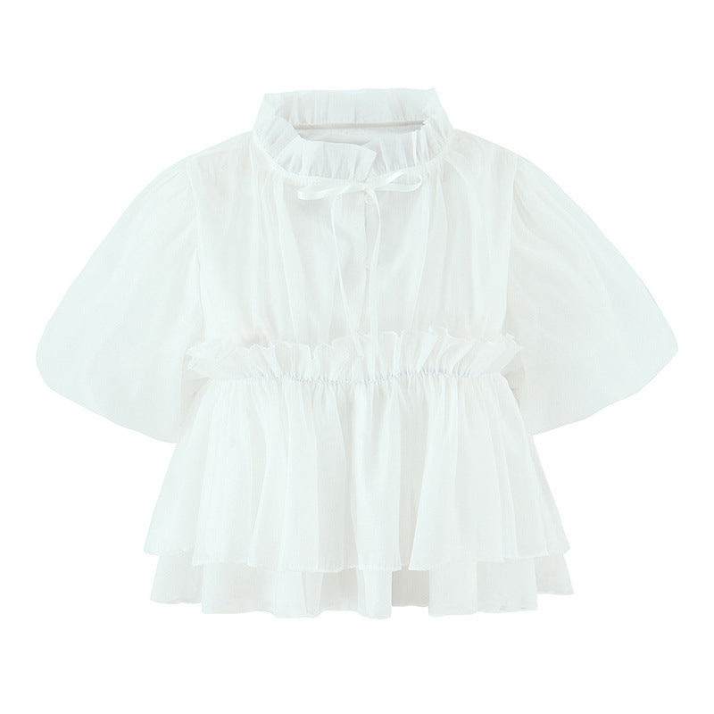 Fashionable All-match Puffed Sleeves Lace-up Short-sleeved Doll Shirt