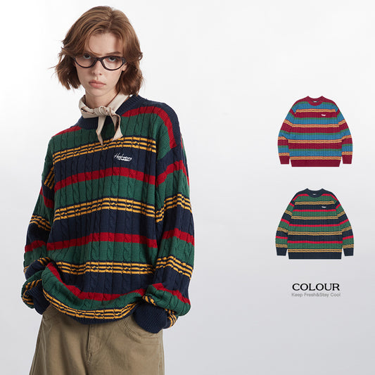 Striped Multicolor Casual Retro Couple Sweater