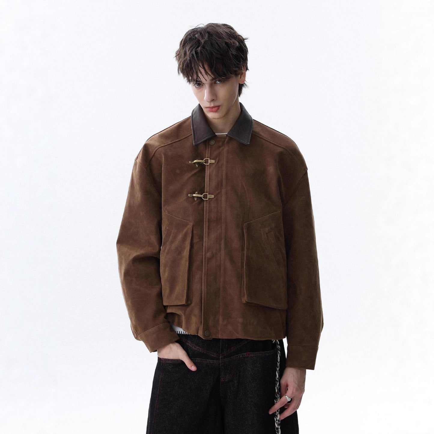 Maillard Brown Leather Collar Airplane Button Jacket Men's Simple Casual Coat