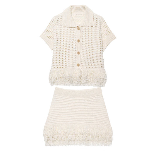 Women's Lapel Long Sleeve Knitted Coat Skirt