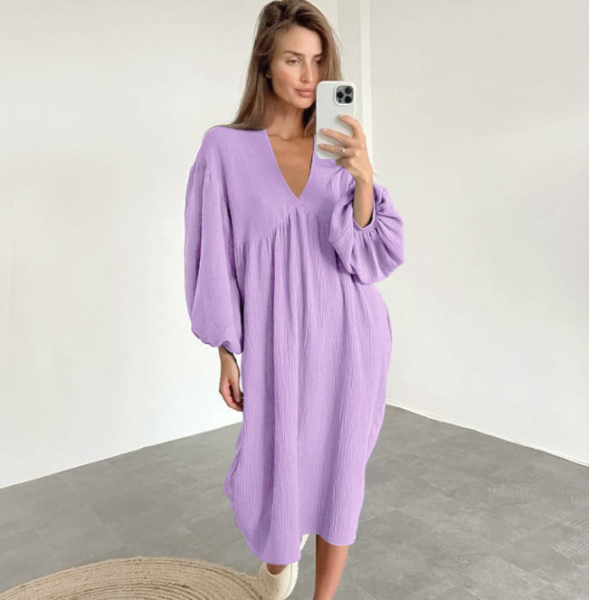 Pure Cotton Linen Loose Fitting Home Nightgown