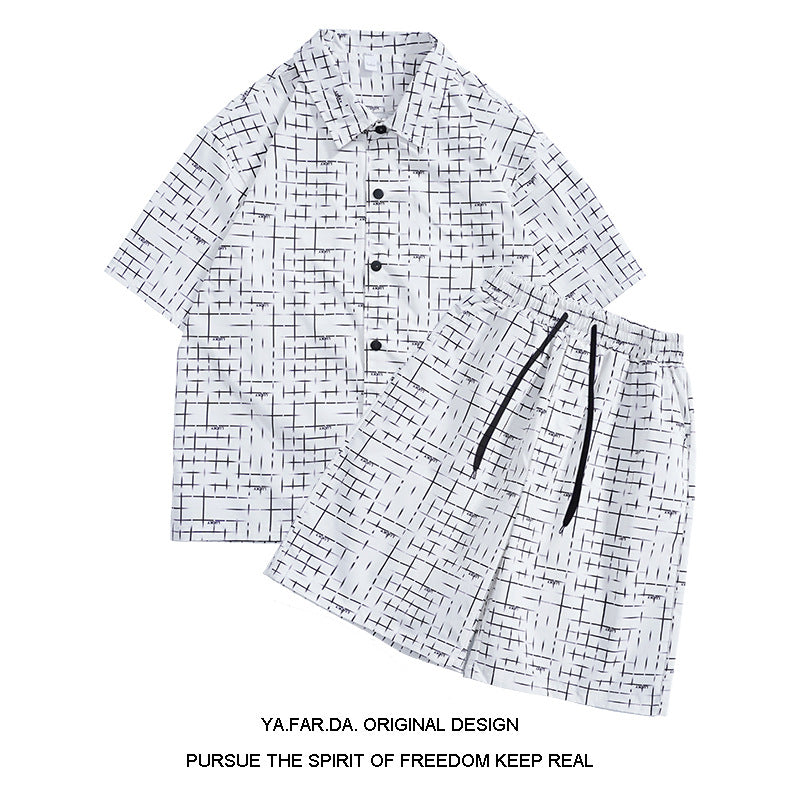 Casual Printed Cardigan Shorts Suit Young Students Loose Sports